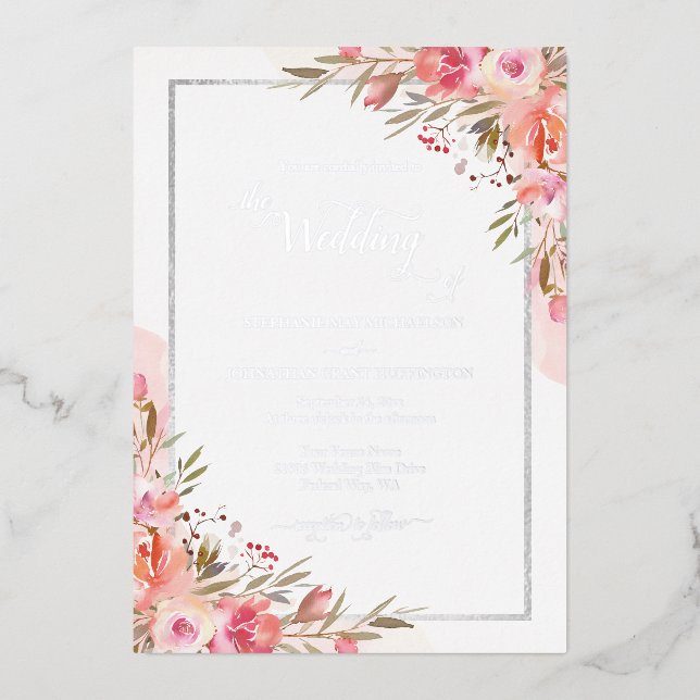 Elegant Pink Floral Watercolor Wedding Silver (Front)