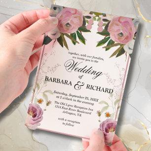 Elegant Pink Floral Watercolor Wedding  Vellum Invitations