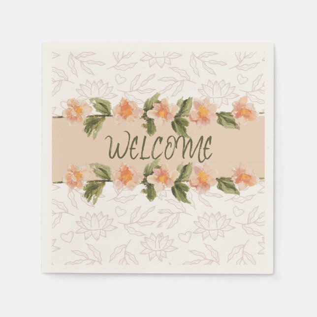 Elegant Pink Floral Watercolor Welcome Napkins (Front)