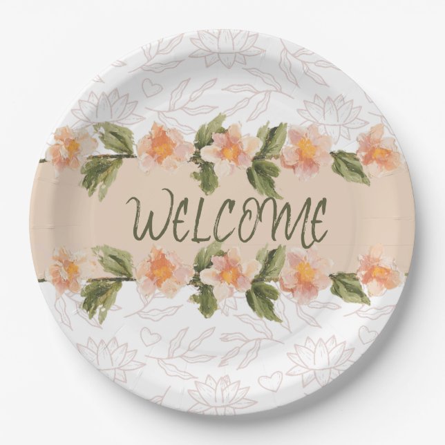 Elegant Pink Floral Watercolor Welcome Napkins Paper Plate (Front)