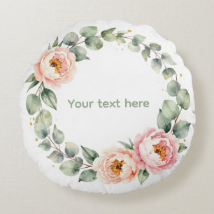 Elegant Pink Floral Watercolor Wreath Personalised Round Cushion