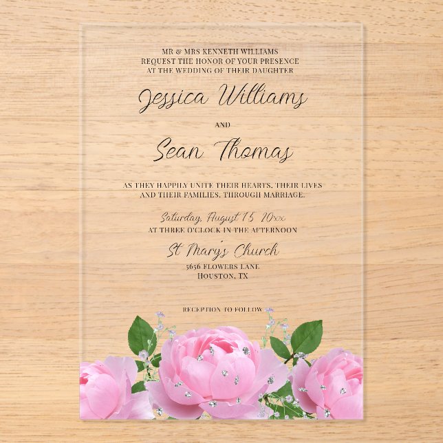 Elegant Pink Floral Wedding Acrylic Invitations (Front)
