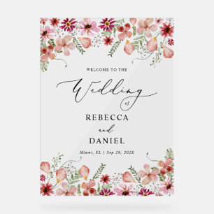 Elegant Pink Floral Wedding Acrylic Welcome Sign