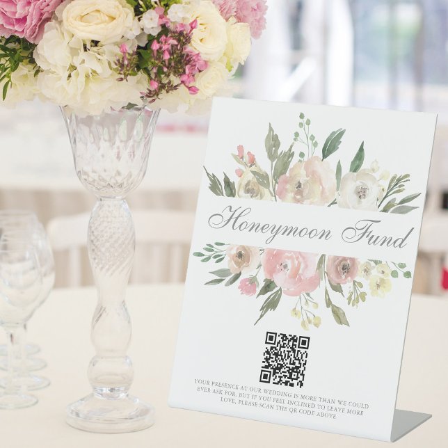 Elegant Pink Floral Wedding Honeymoon Fund QR Code Pedestal Sign (Creator Uploaded)