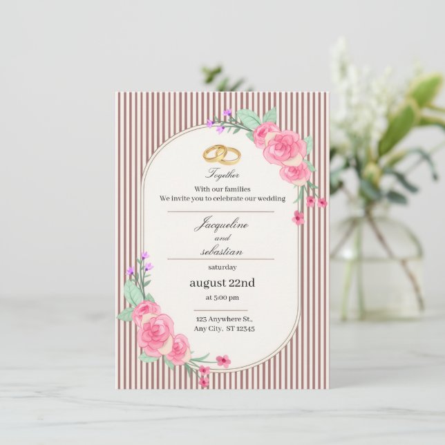 Elegant Pink Floral Wedding Invitation (Standing Front)