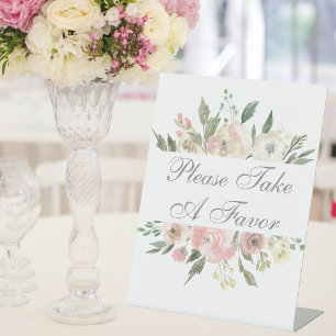 Elegant Pink Floral Wedding Please Take a Favour Pedestal Sign
