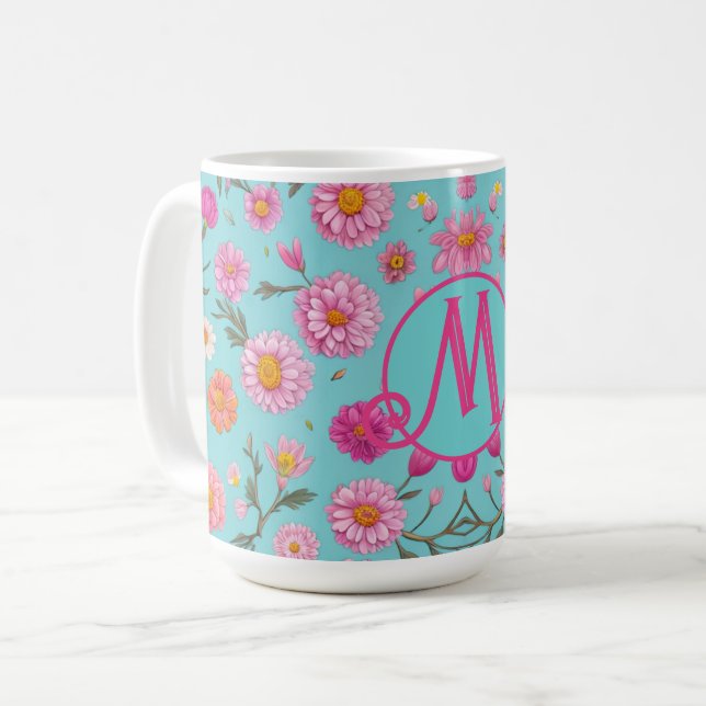 Elegant pink floral white daisies pink flowers coffee mug (Front Left)