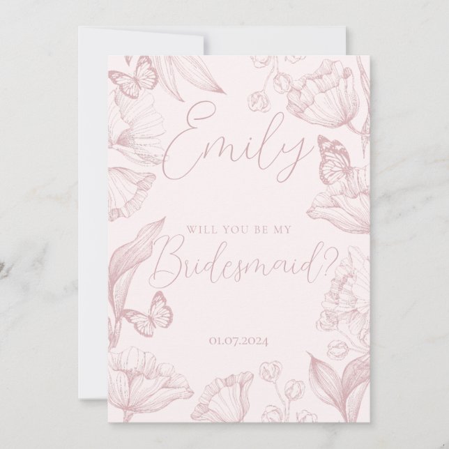 Elegant pink floral will you be my bridesmaid invitation (Front)