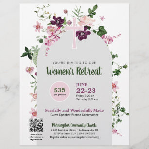 Elegant Pink Floral Women's Church QR Code Retreat Flyer