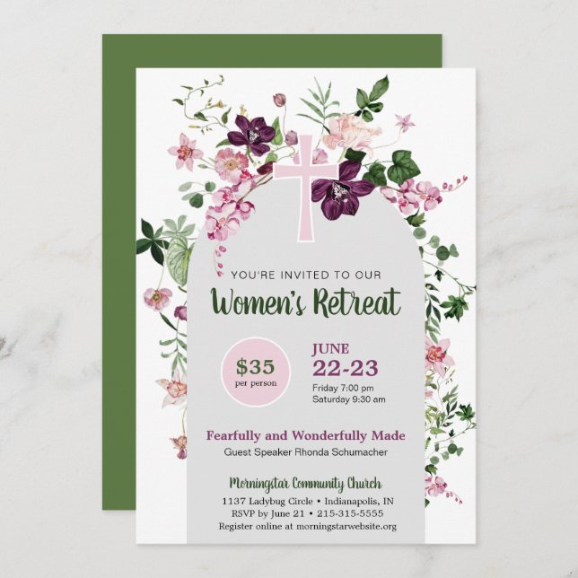 Elegant Pink Floral Women's Church Retreat Invitation (Front/Back)