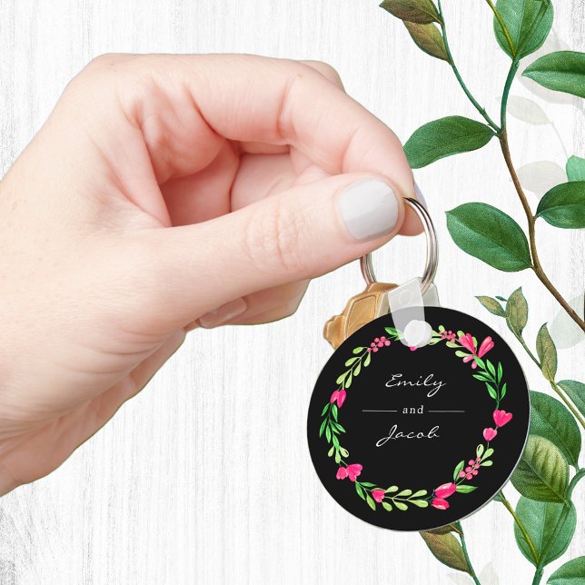 Elegant Pink Floral Wreath Black Name of Couple Key Ring (Elegant Pink Floral Wreath Black Name of Couple Keychain)