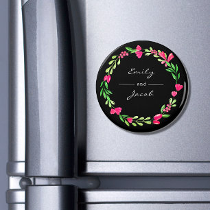 Elegant Pink Floral Wreath Black Name of Couple Magnet