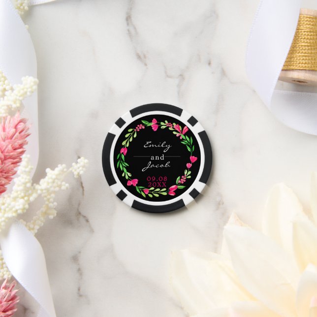 Elegant Pink Floral Wreath Black Wedding Poker Chips (Wedding)