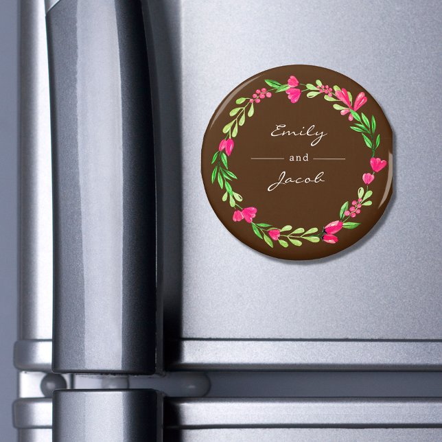 Elegant Pink Floral Wreath Brown Name of Couple Magnet (Creator Uploaded)