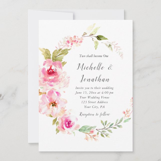 Elegant Pink Floral Wreath Christian Wedding  Invitation (Front)