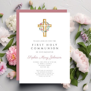 Elegant Pink Floral Wreath Cross First Communion Invitation
