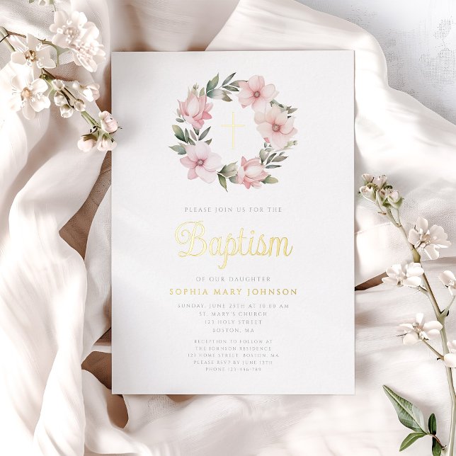 Elegant Pink Floral Wreath Girl Baptism Gold (Elegant Pink Floral Wreath Girl Baptism Gold Foil Invitation)