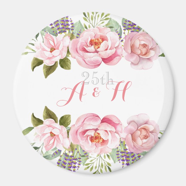 Elegant Pink Floral Wreath Monogram 25th Wedding  Magnet (Front)