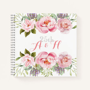 Elegant Pink Floral Wreath Monogram 25th Wedding Notebook