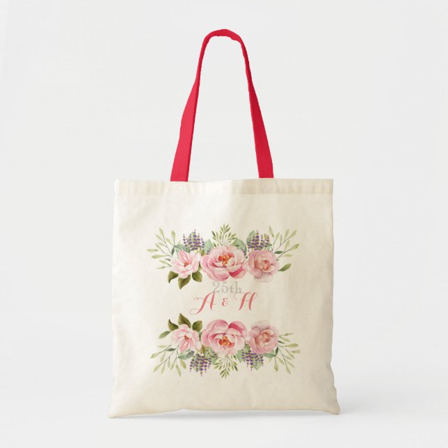 Elegant Pink Floral Wreath Monogram Wedding Gift Tote Bag (Front)
