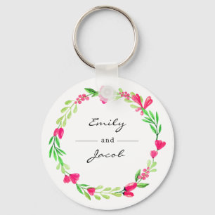 Elegant Pink Floral Wreath White Name of Couple Key Ring