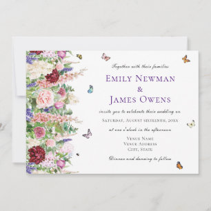 Elegant Pink Florals & Butterflies   Wedding Invitation