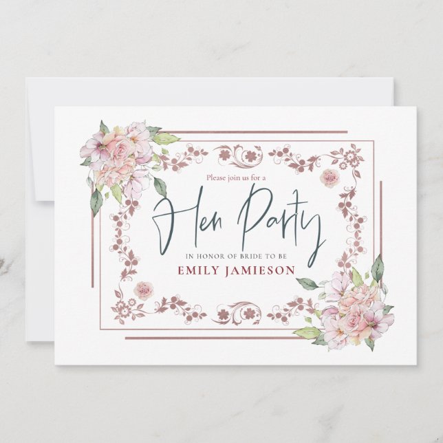 Elegant Pink Florals Frame Glam Hen Party Invitation (Front)