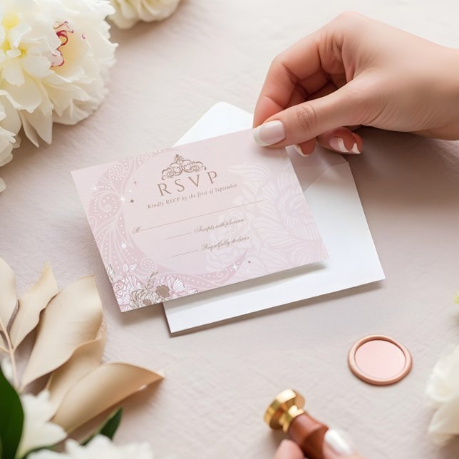 Elegant Pink Florals Moon Stars Tiara Quinceañera RSVP Card (Elegant Pink Florals Moon Stars Tiara Quinceañera RSVP Card)