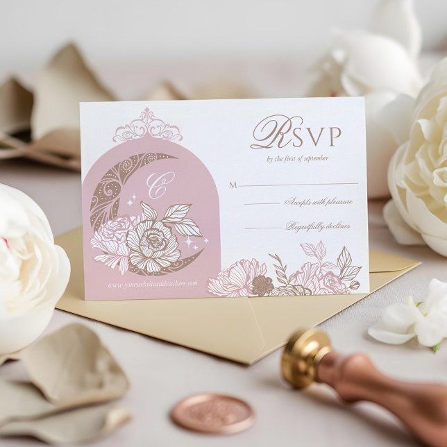 Elegant Pink Florals Moon Stars Tiara Quinceañera RSVP Card (Elegant Pink Florals Moon Stars Tiara Quinceañera RSVP Card)