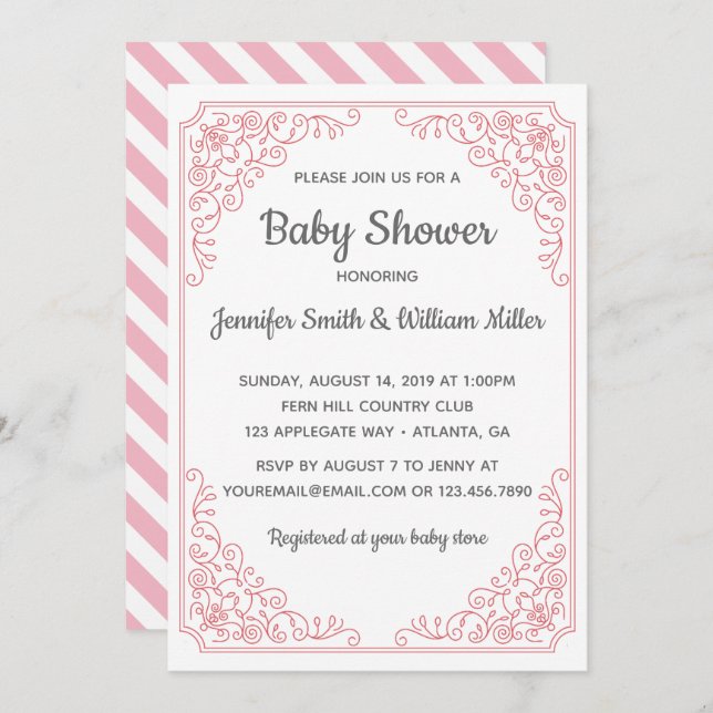 Elegant Pink flourish swirl frame Baby Shower Invitation (Front/Back)