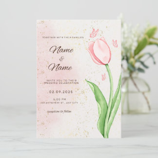 Elegant pink flower and butterfly wedding card