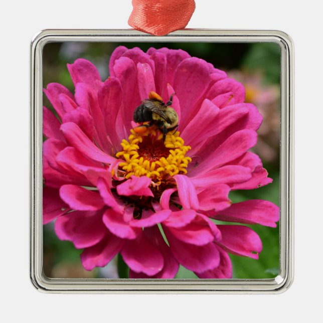 Elegant pink flower cute bee metal ornament (Front)