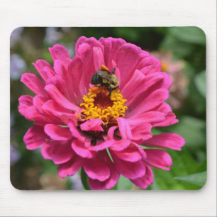Elegant pink flower cute bee mouse pad