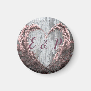 Elegant pink flower heart rustic barn wood wedding magnet