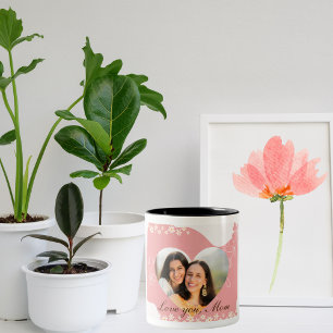 Elegant Pink Flower Heart Shape Photo Mug