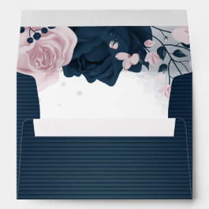 elegant pink flower navy blue wedding envelope