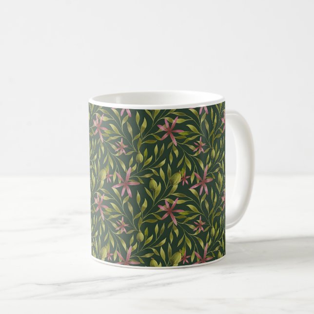 Elegant Pink Flower Pattern on Dark Background Coffee Mug (Front Right)