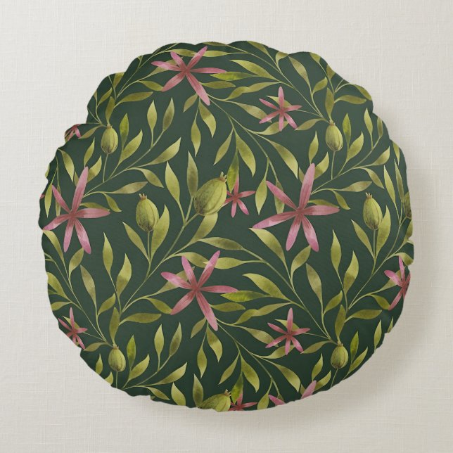 Elegant Pink Flower Pattern on Dark Background Round Cushion (Front)