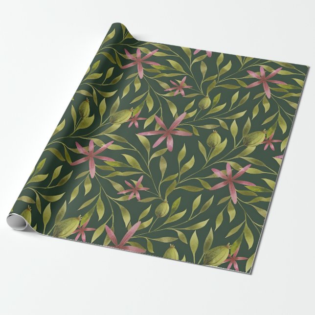 Elegant Pink Flower Pattern on Dark Background Wrapping Paper (Unrolled)