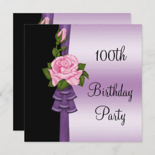 Elegant Pink Flower & Purple Ribbon 100th Birthday Invitation
