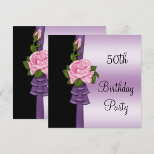 Elegant Pink Flower & Purple Ribbon 50th Birthday Invitation