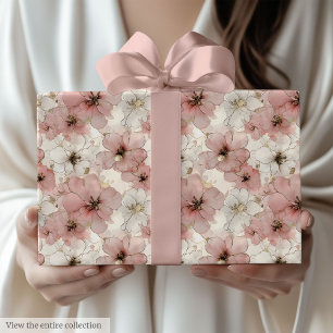 Elegant pink flowers and gold birthday paper wrap