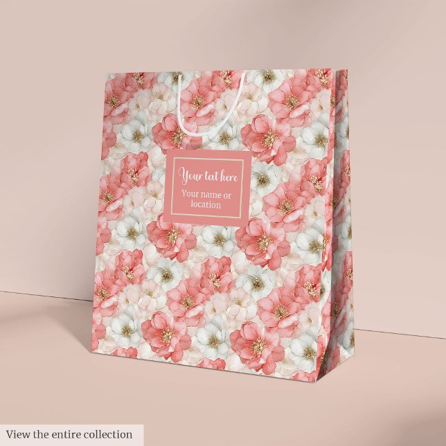 Elegant pink flowers and gold monogram gift bag (Elegant pink flowers and gold monogram gift bag wrap)