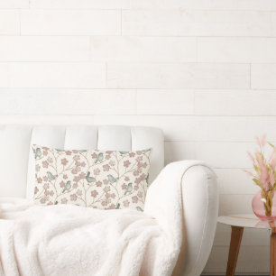 Elegant Pink Flowers and Green Birds Pattern Lumbar Cushion