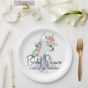 Elegant pink flowers and greenery - bridal shower paper plate