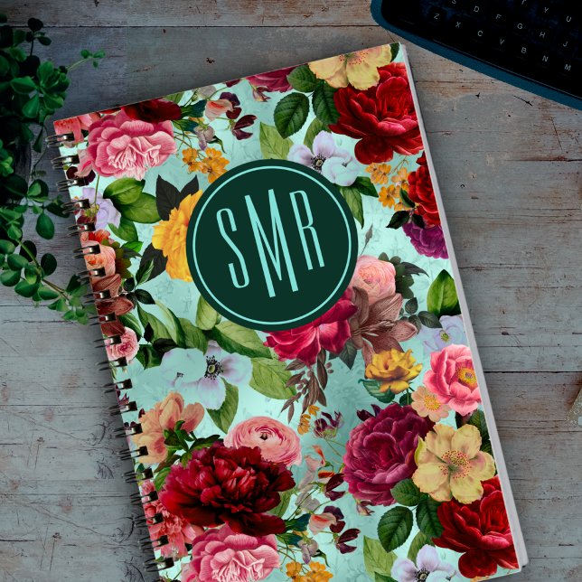 Elegant pink flowers aqua pattern monogram notebook (Creator Uploaded)