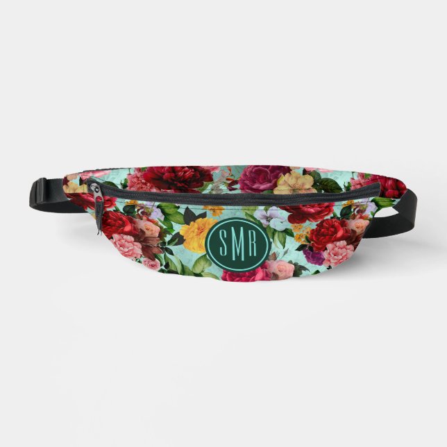 Elegant pink flowers aqua pattern monogram printed bum bags (Front)