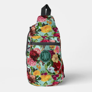 Elegant pink flowers aqua pattern monogram printed sling bag