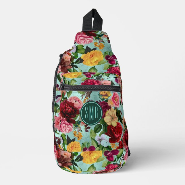Elegant pink flowers aqua pattern monogram printed sling bag (Front)