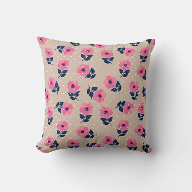 Elegant Pink Flowers Beige Polka Dots Pattern Cushion (Front)